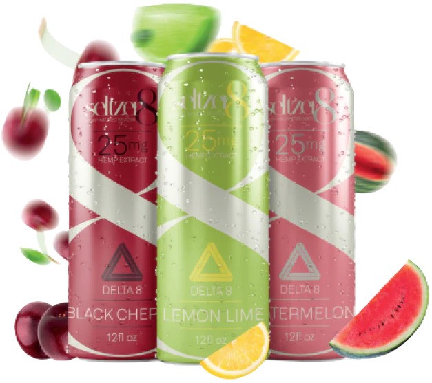delta 8 seltzer with 3 distinct natural flavors black cherry, lemon lime and watermelon